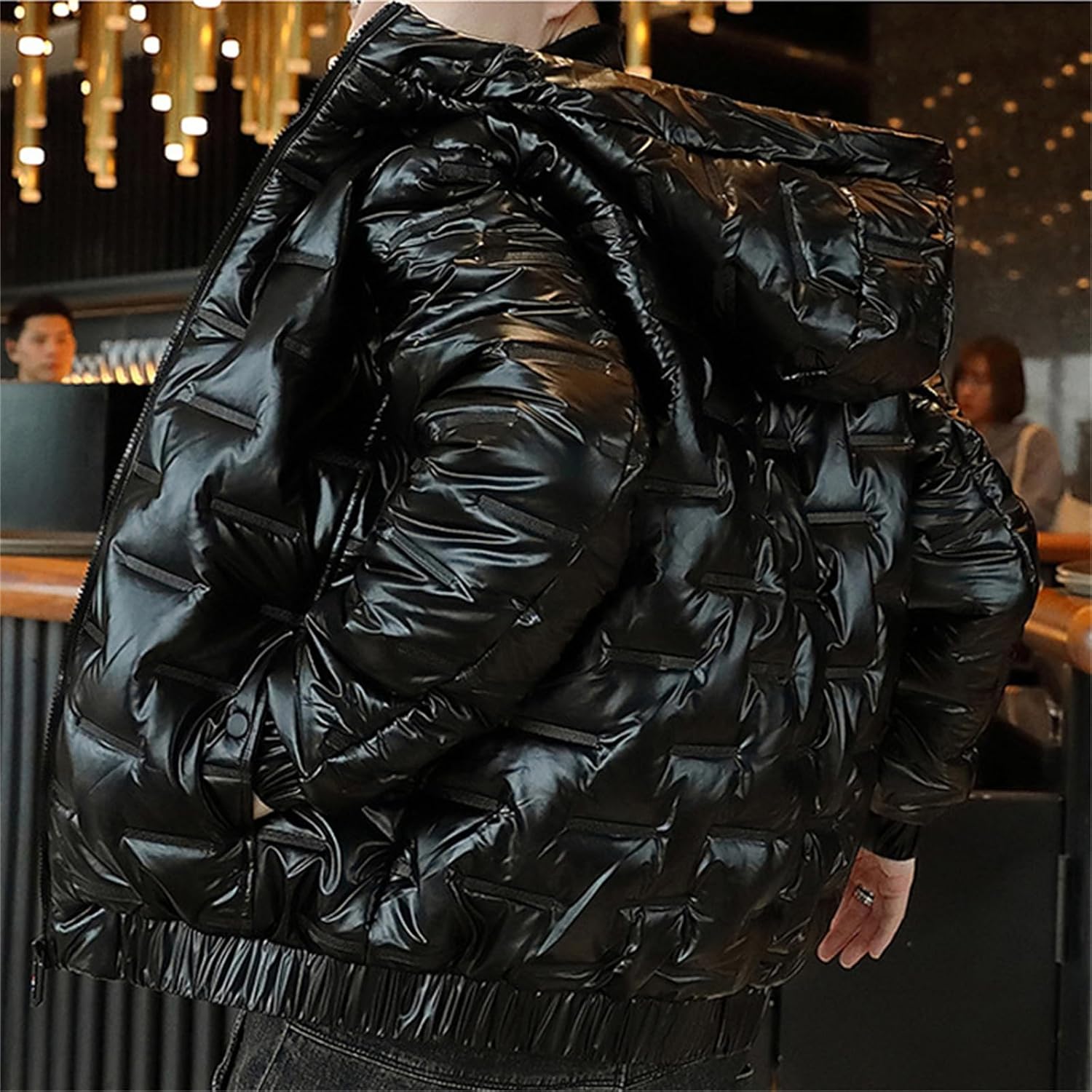 GPCHAN Men's Glossy Padded Winter Hood Coat Metallic Full Zip Down Quilted Cotton Jacket Warm Shiny Hooded Coat