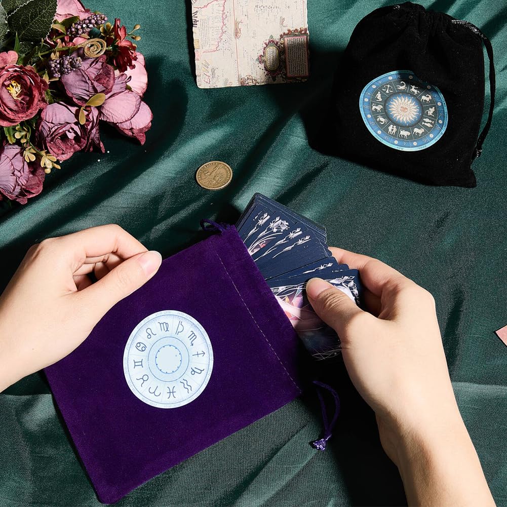CREATCABIN 2Pcs Tarot Bags Tarot Cards Pouches Tarot Deck Holder Storage Tarot Pouches Velvet Bags with Drawstrings Black Purple The Zodiac Wrap Bags for Jewelry Crystals Altar Rune Gift 5x6Inch - Image 3