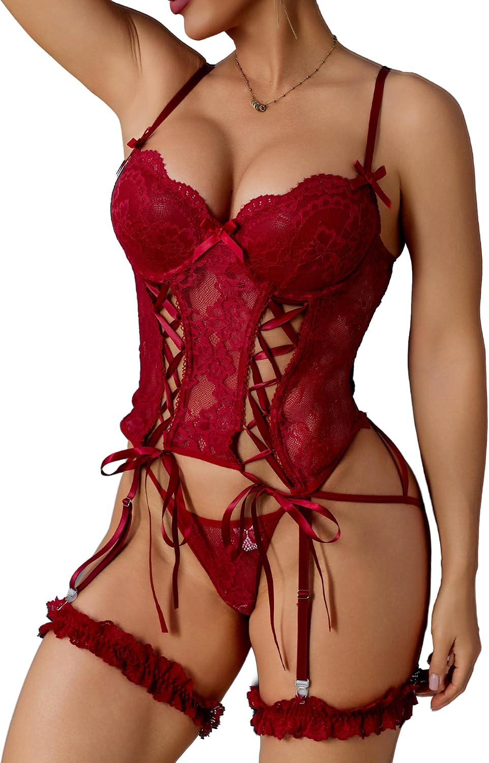 Sexy Lingerie for Women Lace Corset and Panty Floral Teddy Badydoll Underwire Bustier with Garter Belt & Thong