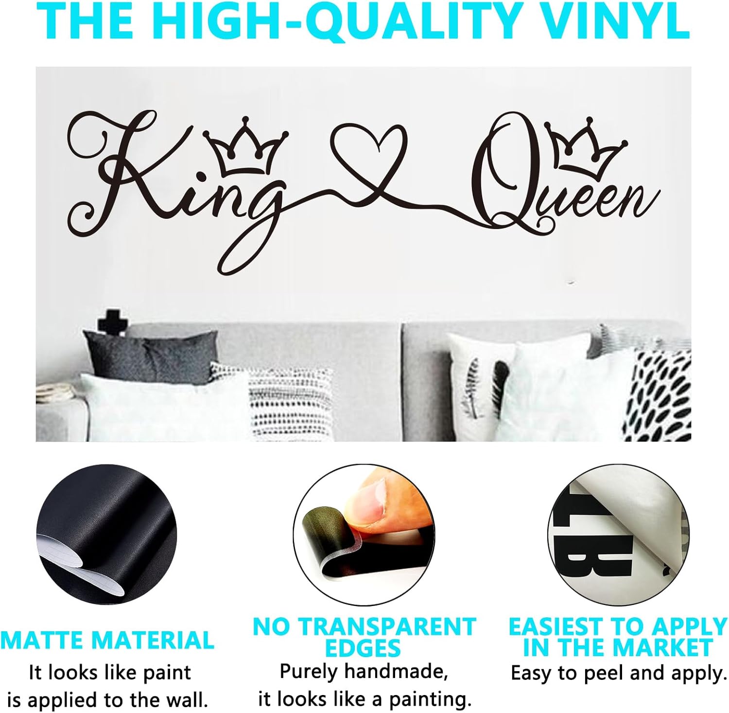 AnFigure Love Quotes Wall Stickers: Inspirational Vinyl Art Couples Wall Decals for Home Bedroom Bathroom Living Room - King & Queen 25"X7"