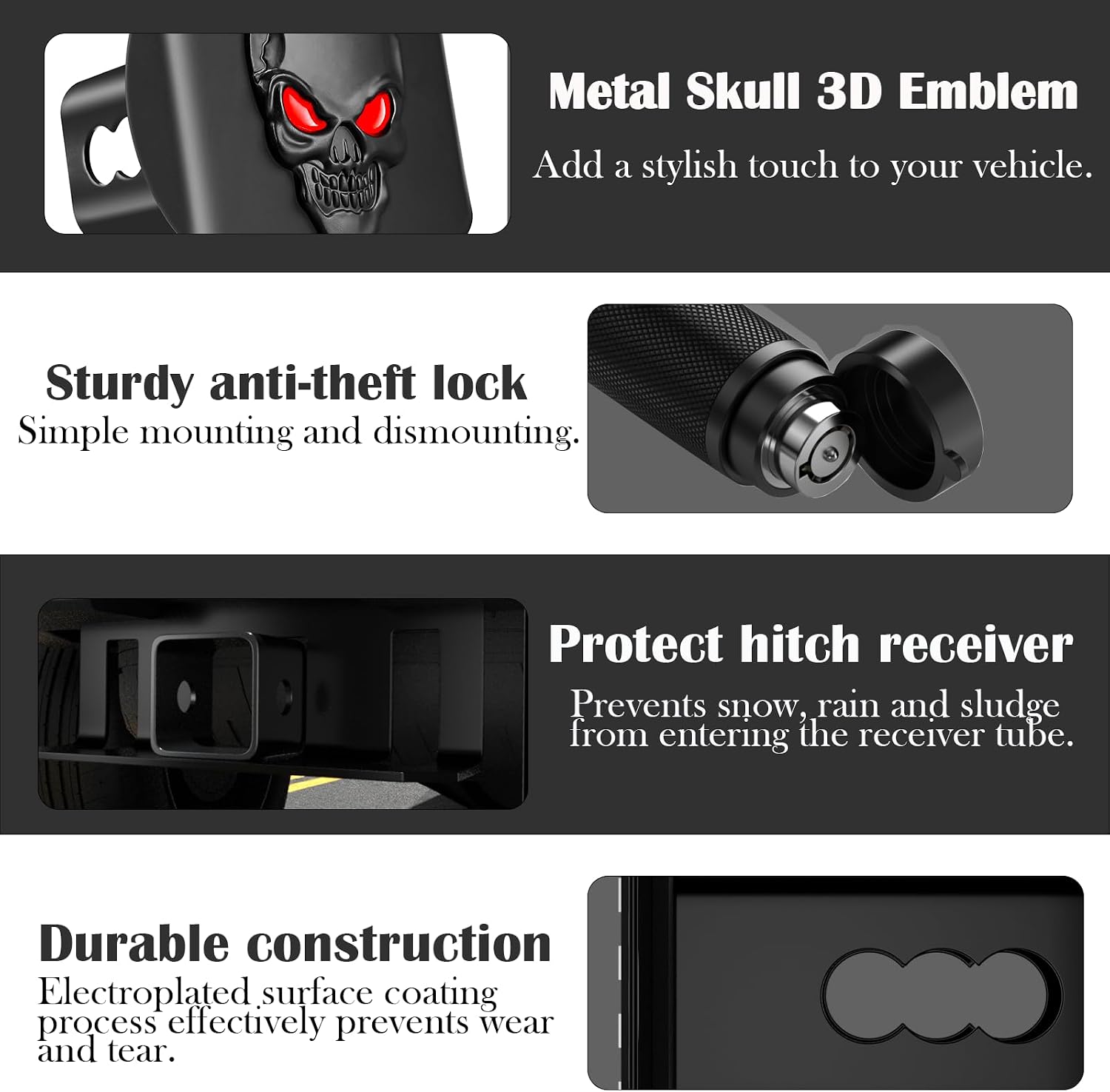 OGYE Metal Skull 3D Emblem Hitch Cover Fits 2" Receivers(with 5/8" Pin Dia Anti-Theft Trailer Hitch Lock)
