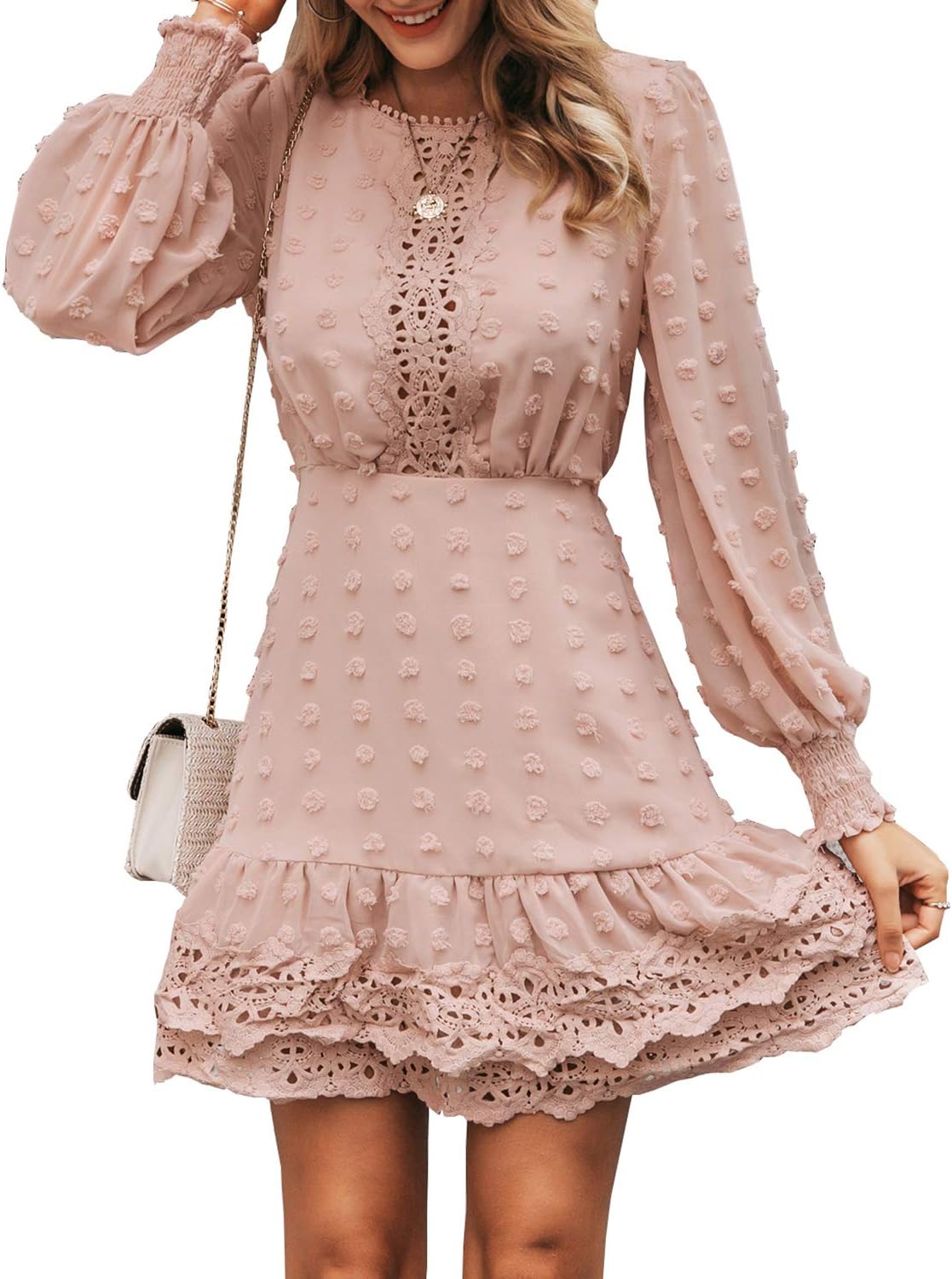 MsLure Women's Elegant Lace Chiffon Mini Dress Lantern Sleeve Ruffle Hem Party Dress