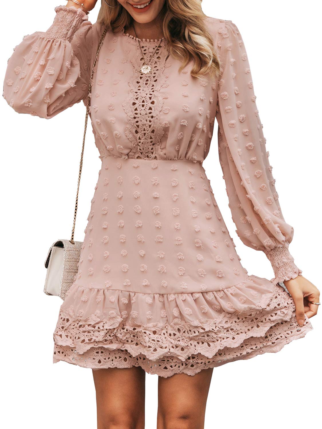 MsLure Women's Elegant Lace Chiffon Mini Dress Lantern Sleeve Ruffle Hem Party Dress