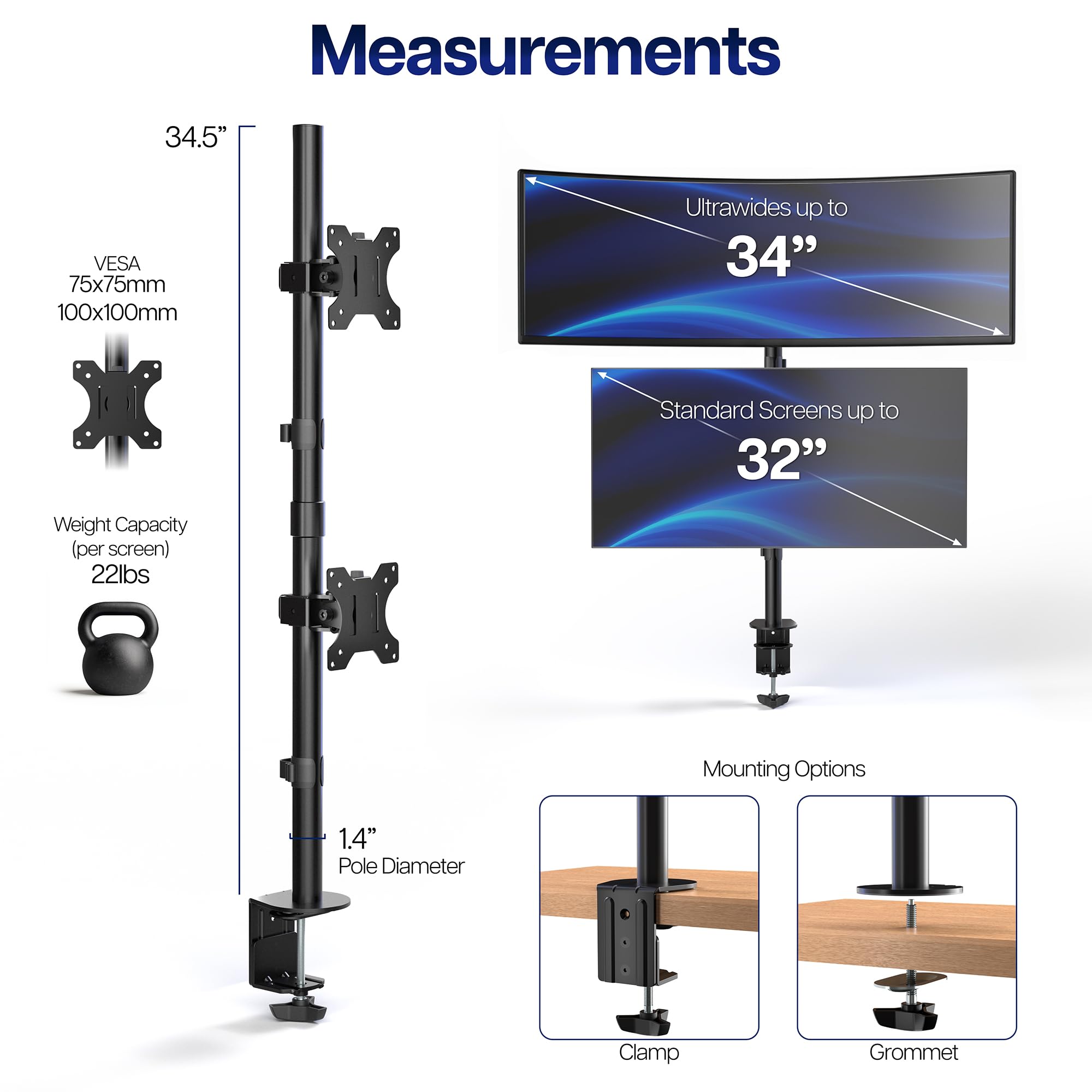 Vivo Supporto per Doppio Monitor Verticale, Supporto Regolabile Extra Alto per 2 Schermi Ultrawide fino a 34 Pollici, Capacità 10 kg, Nero, STAND-V002T