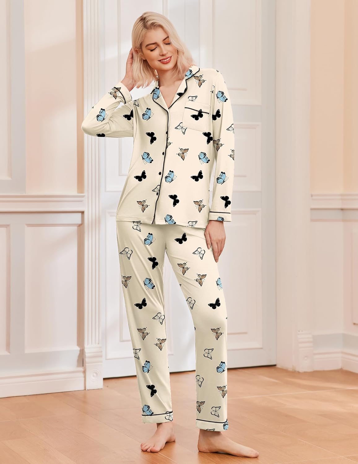 Ekouaer Pajamas Women's Long Sleeve Sleepwear Soft Button Down Loungewear Pjs Lounge Set Nightwear XS-XXL - Image 5