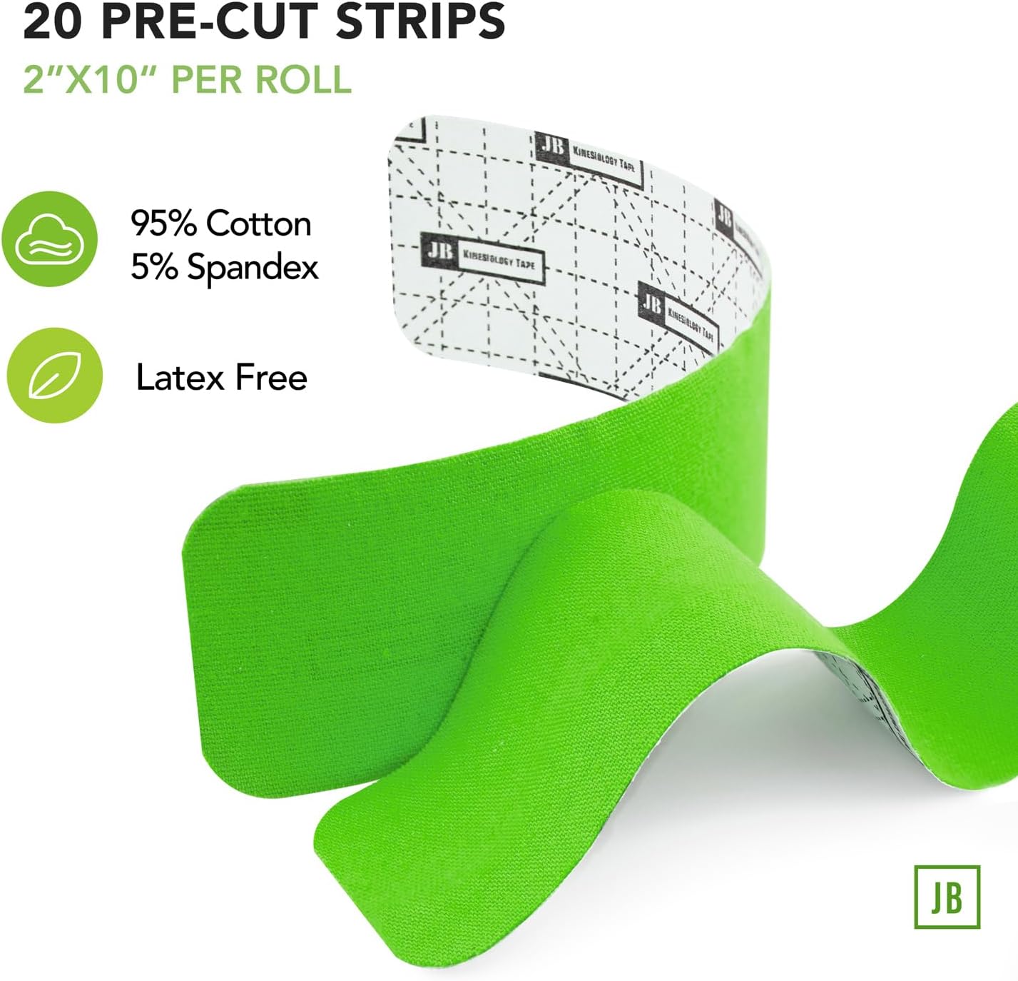 JB Tape Kinesiology Tape – 80 Precut 10-Inch Strips – Green – Elastic, Latex-Free, Water Resistant – Athletic Muscle & Joint Support – 4 Rolls