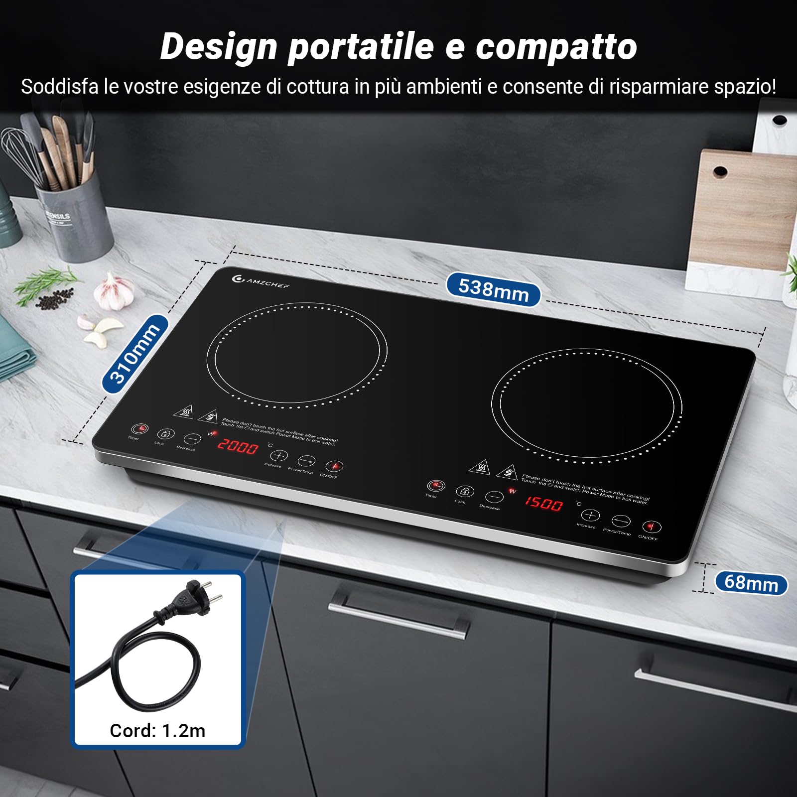 AMZCHEF Piastra Induzione 2 Fuochi Con IGBT Importato, 20 Livelli di Temperatura, 20 e 15 Livelli di Potenza, 3500W Piano Cottura Con Timer di 4 Ore, Blocco di Sicurezza