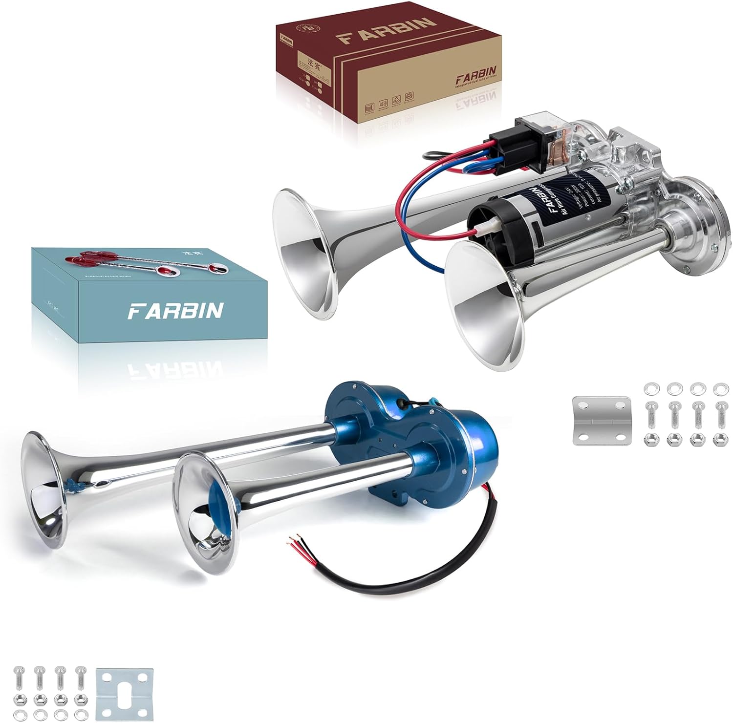 FARBIN Air Horn 24v with Compressor with blue Loud Dual Horns for Semi Trucks Pickups Motorcycles SUV Boat