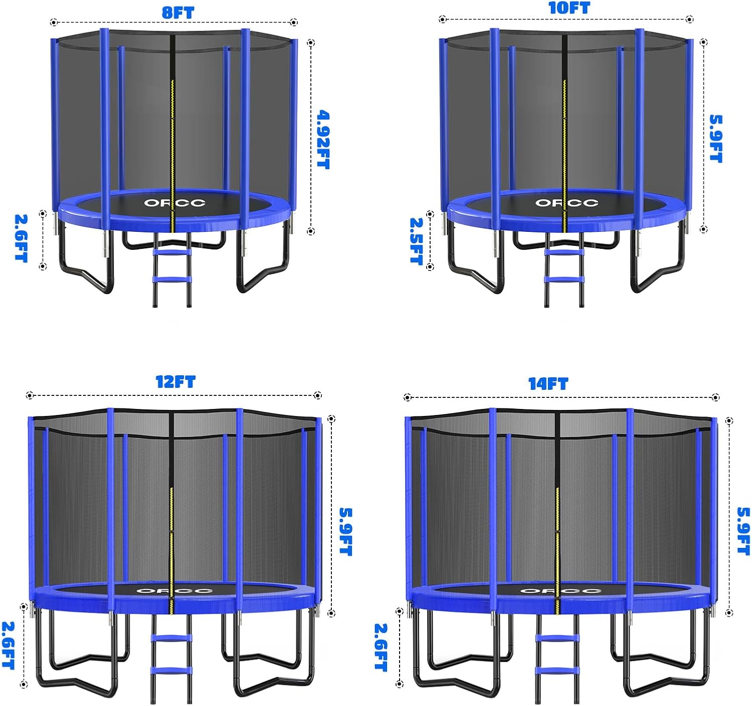 ORCC Trampoline 8FT 10FT 12FT 14FT, Outdoor Tramp with Enclosure Net, 410LBS Yard Trampoline for Kids - Recreational Anti-Rust Trampolin for Kids and Adults with Ladder