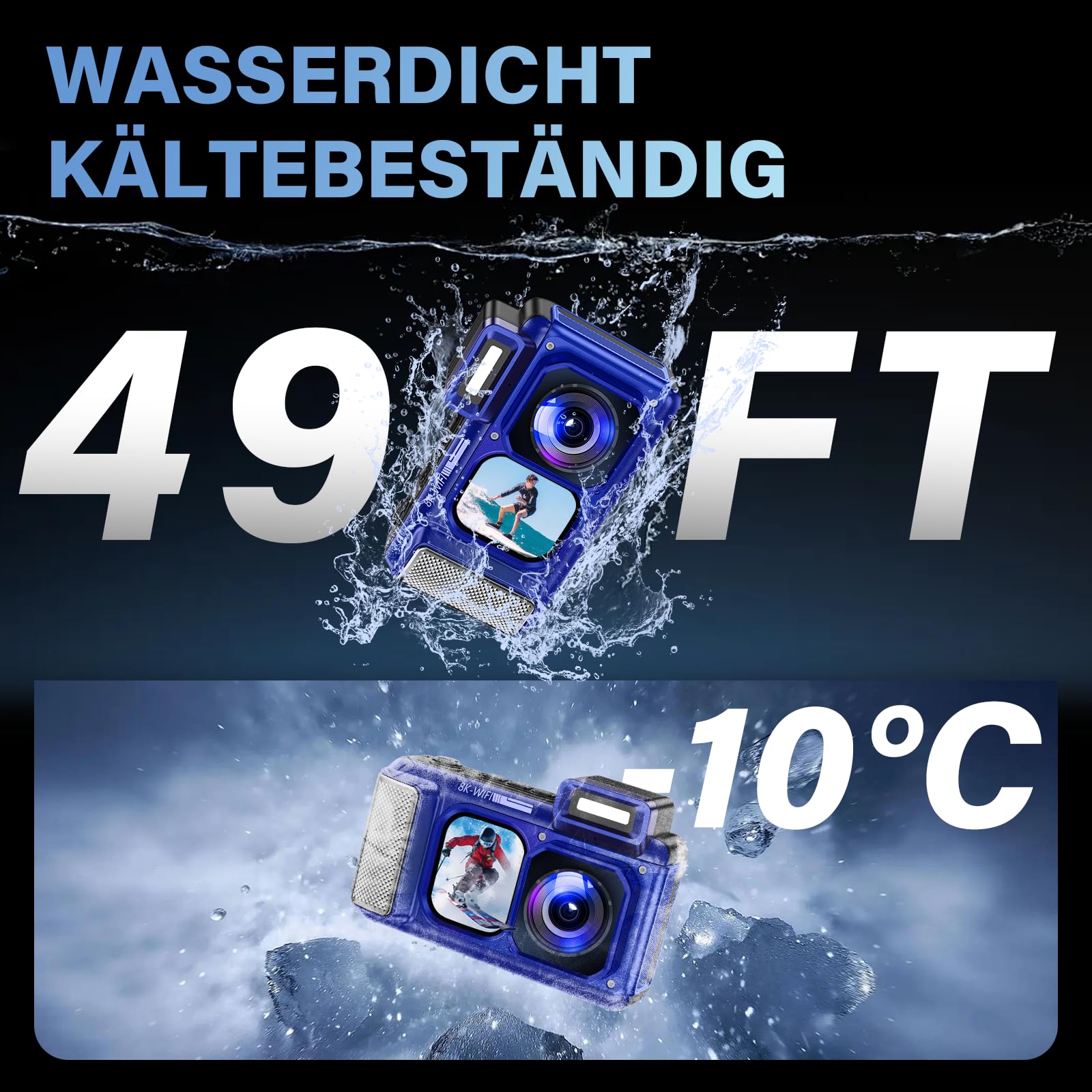 Maxmango V08 Pro 49FT Unterwasserkamera – 8K 90MP WiFi Touchscreen Unterwasserkamera Schnorcheln,2,8 Zoll Dual-Screen,Robust,Staubdicht, Stoßfest Wasserdichte Digitalkamera-64GB Karte&1800mAh Batterie