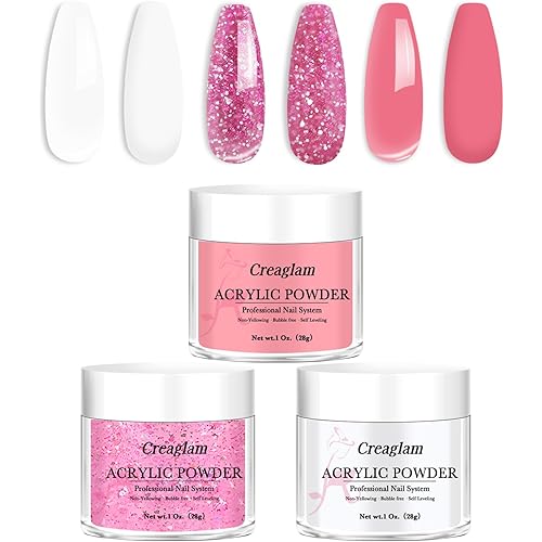 Super Acrylic Powder 28g: 3Pcs Large Capacity Pink Carnation Glitter White Nail Polymer for 3D Art Carving French Extension - 1oz. Pink Lemonade Professional Acrylic Powder No Need Lamp