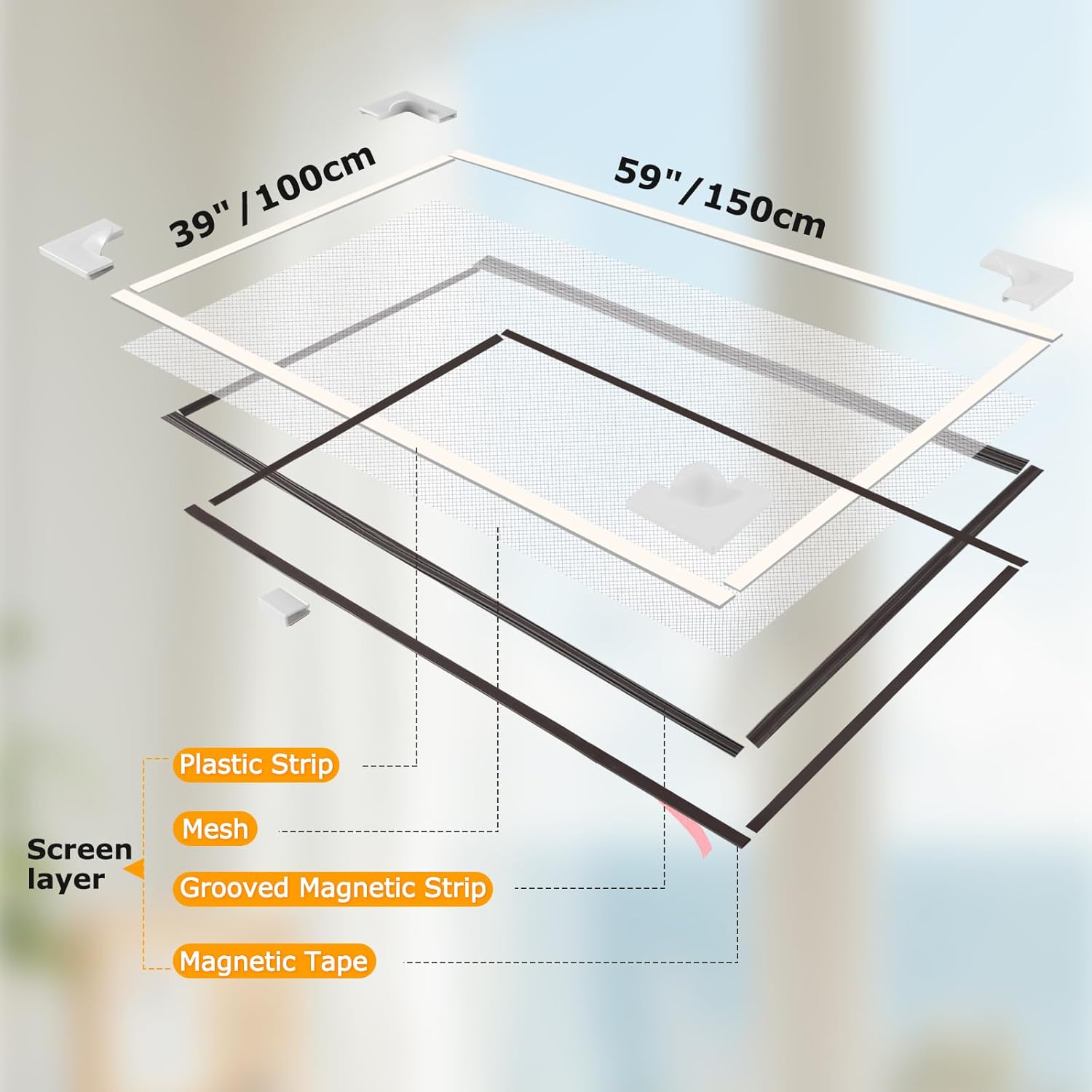 Adjustable DIY Magnetic Window Screen Max 59InchH x 39InchW with Innovative Magnetic Fastener, Fiberglass Fine Mesh, Window Mesh with Magnets