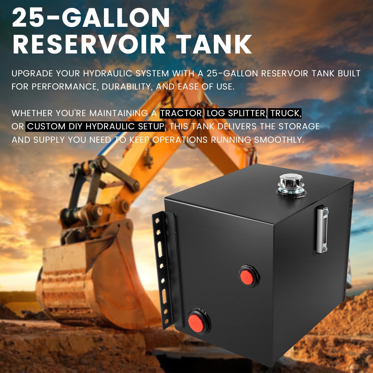 25 Gallon 14 Gauge Steel Hydraulic Fluid Reservoir Tank with Inlet 2" FNPT and Outlet 1-1/4" FNPT, for Tractors, Trucks & Log Splitters Built-in Temp Gauge & Sight Gauge