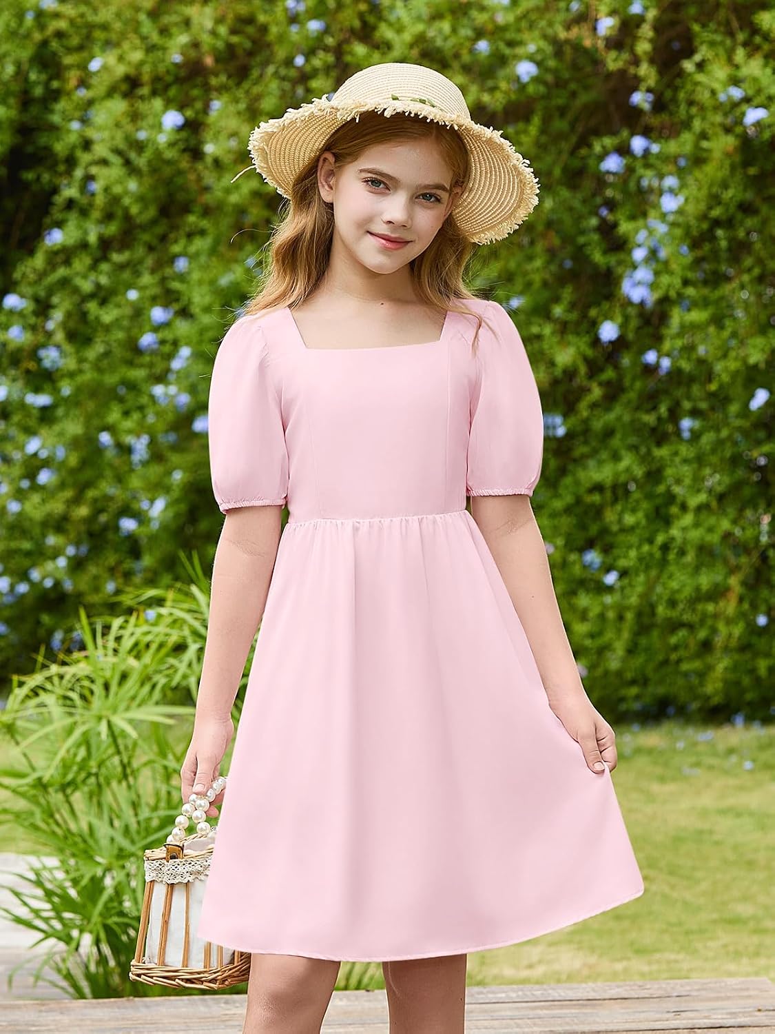 Haloumoning Girls Puff Short Sleeve Summer Dress Kids Casual Square Neck A-Line Smoked Dresses 5-14 Years