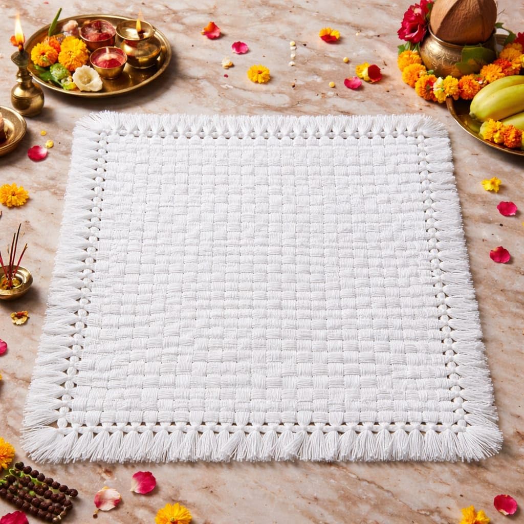 Hand Made Woolen Crochet Pattern Table Cover and Pooja Asan White-image-10