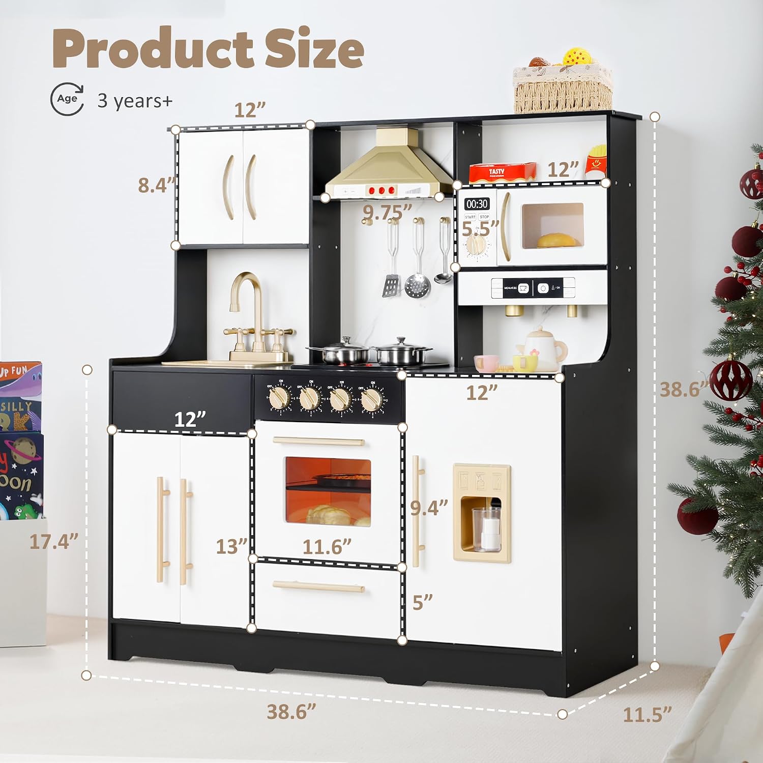 TODEFULL Kids Kitchen Playset, Wooden Play Kitchen with Toy Storage System, Pretend Play Kitchen Set Toy with Range Hood, Ice Maker & Coffee Maker, for Kids Ages 3+, Pink