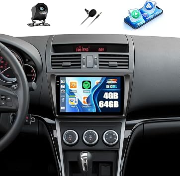 CAMECHO 4G+64G Car Stereo Radio for Mazda 6 2008-2012 with Android 15 Wireless CarPlay Android Auto GPS Navigation Bluetooth 9 Inch in-Cell 1280 * 720 Touch Screen Head Unit with Backup Camera