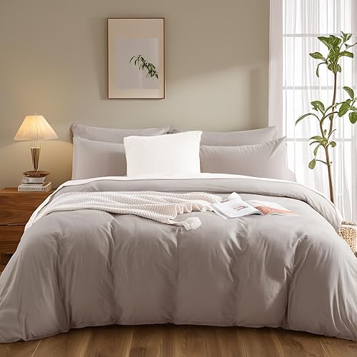 Miniatura 3 de NEXHOME PRO - Juego de funda de edredón, tamaño Individual, apariencia de lino, algodón lavado 100 % orgánico, 2 piezas, color crema gris lino,
