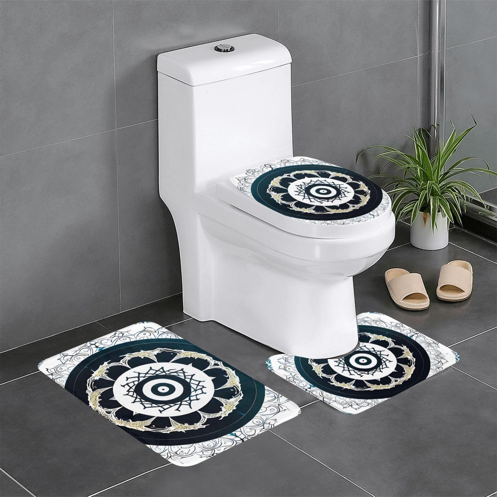 Tapis de salle de bain antidérapants lot de 3 avec totem noir et blanc pour WC