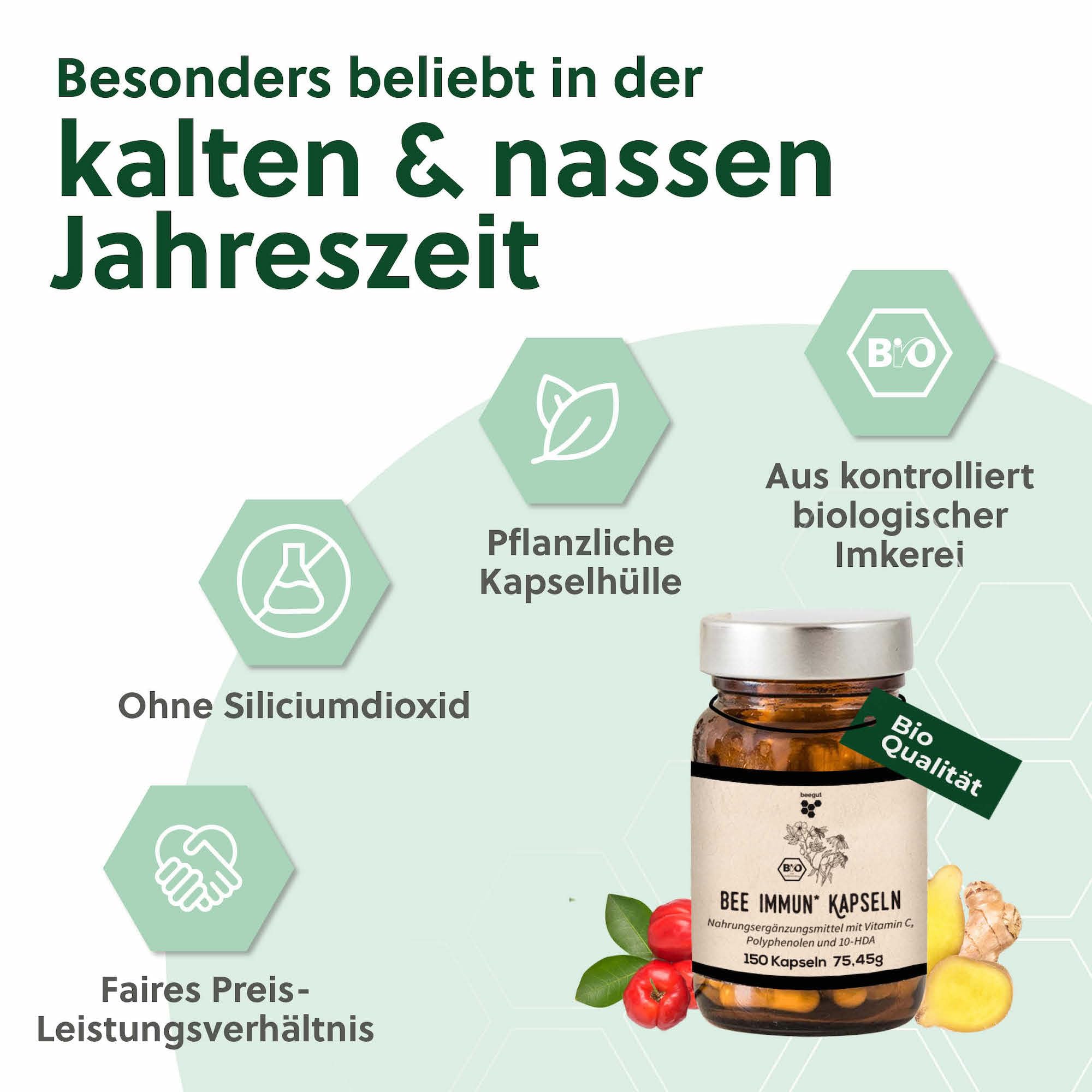 beegut BIO bee Immun Komplex – 150 Kapseln mit Propolis, Echinacea, Vitamin C (Acerola), Hagebutte, Reishi & Gelee Royal – mit Vitamin C für dein Immunsystem* & tägliche Ernährung