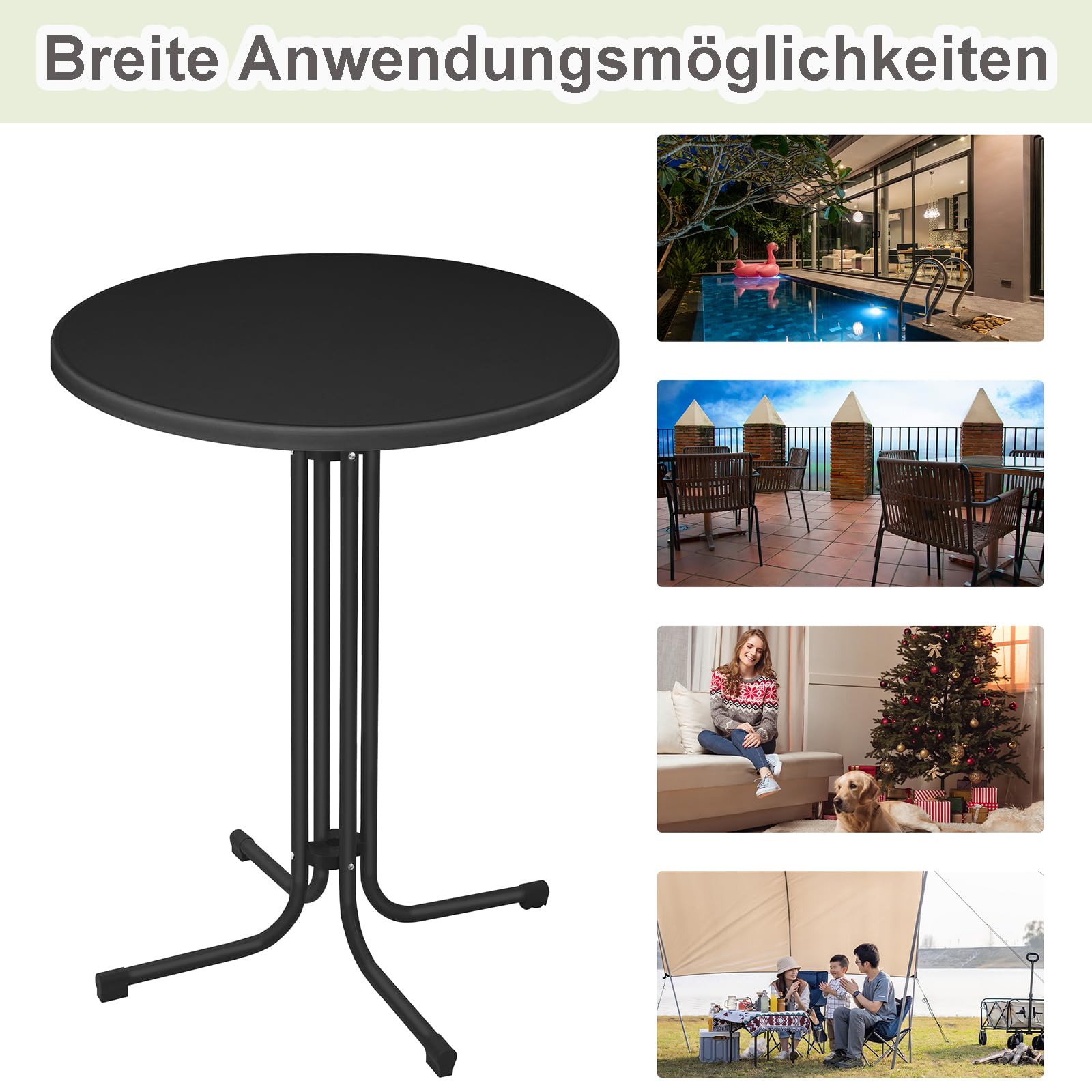AufuN Mesa alta plegable de 80 cm de diámetro, de aluminio, redonda, 110 cm de alto, fácil montaje, mesa de fiesta, metal MDF con recubrimiento en polvo, para exterior e interior, color negro