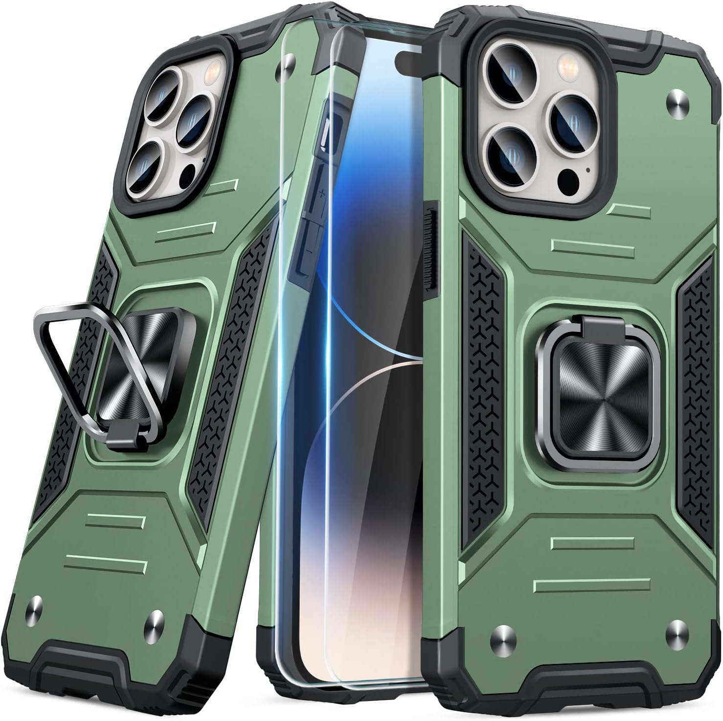 JAME for iPhone 14 Pro Max Case with Screen Protector 2PCS, Military-Grade Drop Protection Shockproof Bumper Apple 14 Pro Max Case with Ring Kicstand Case for 14 Pro Max 6.7 Inch, Alpine Green
