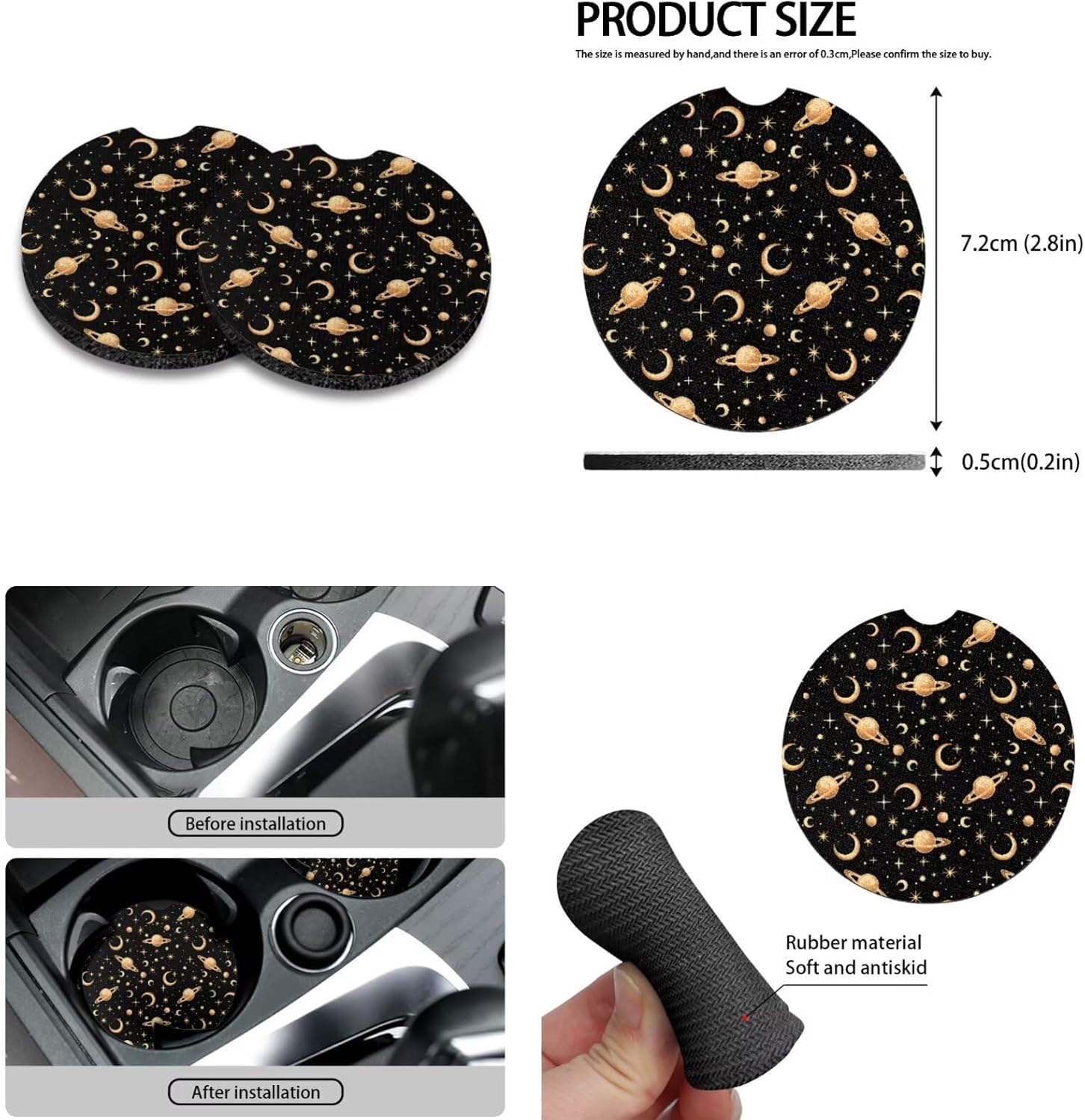 Gold Moon Stars Planet Print Car Seat Cover Full Set,Steering Wheel Cover Armrest Cover Seatbelt Car Coasters Lip Holder with Keychains,Universal Auto Interior Accessories