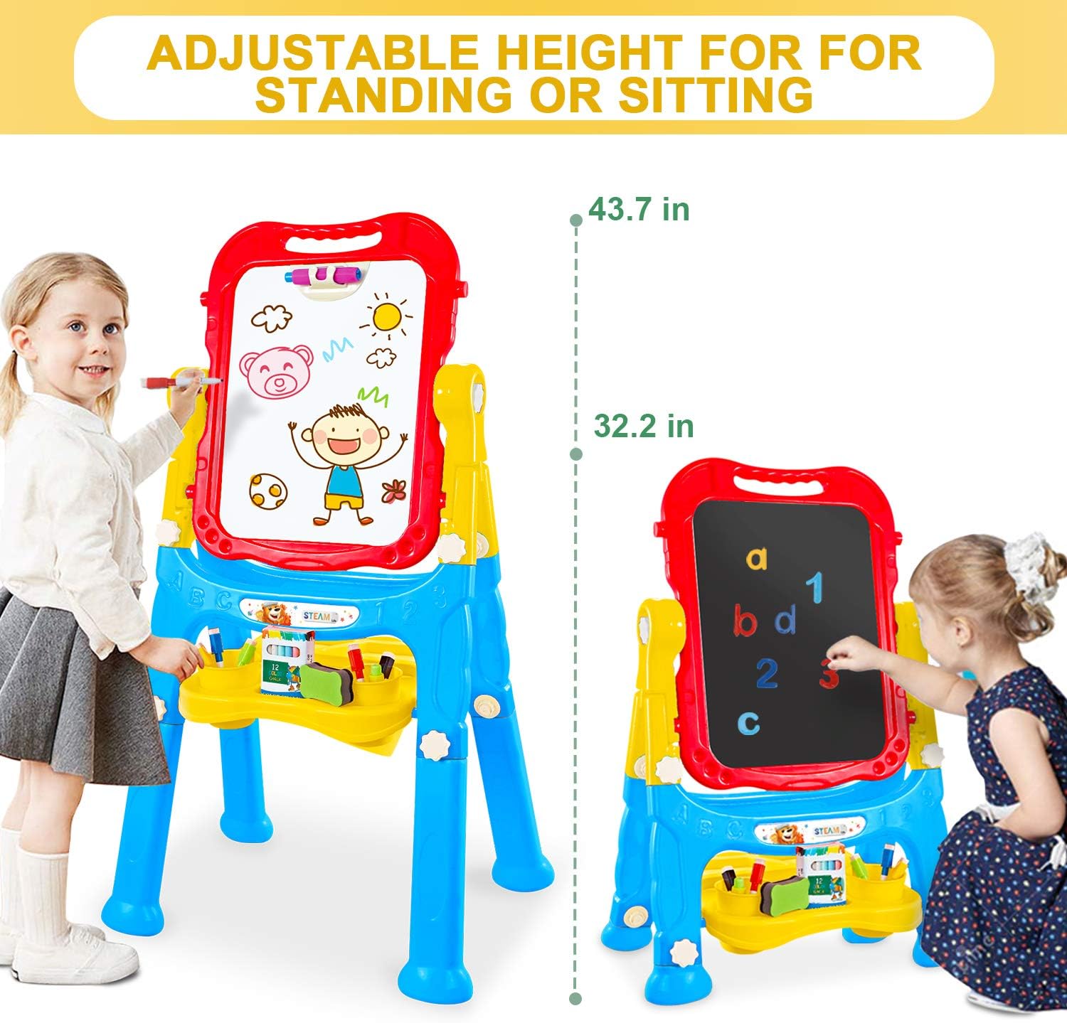 STEAM Life Art Easel for Kids - 4 in 1 Double Sided Magnetic Board, Chalkboard, and Drawing White Board for Kids Toddler -Includes Magnetic Letters and Numbers - Easy Storage Portable : Toys & Games