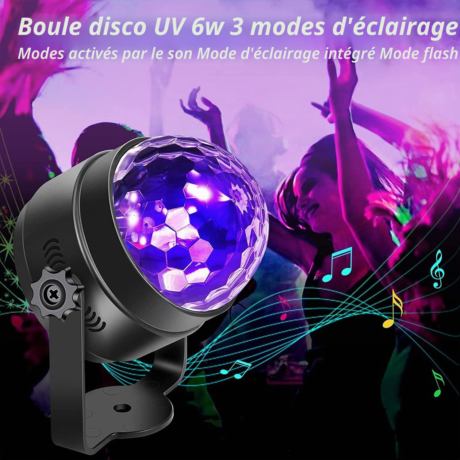Boule disco à lumière noire UV, LUNSY 6W LED Lumières de scène activée par la musique 7 modes d'éclairage Effets d'éclairage avec télécommande pour Halloween Décoration DJ Party