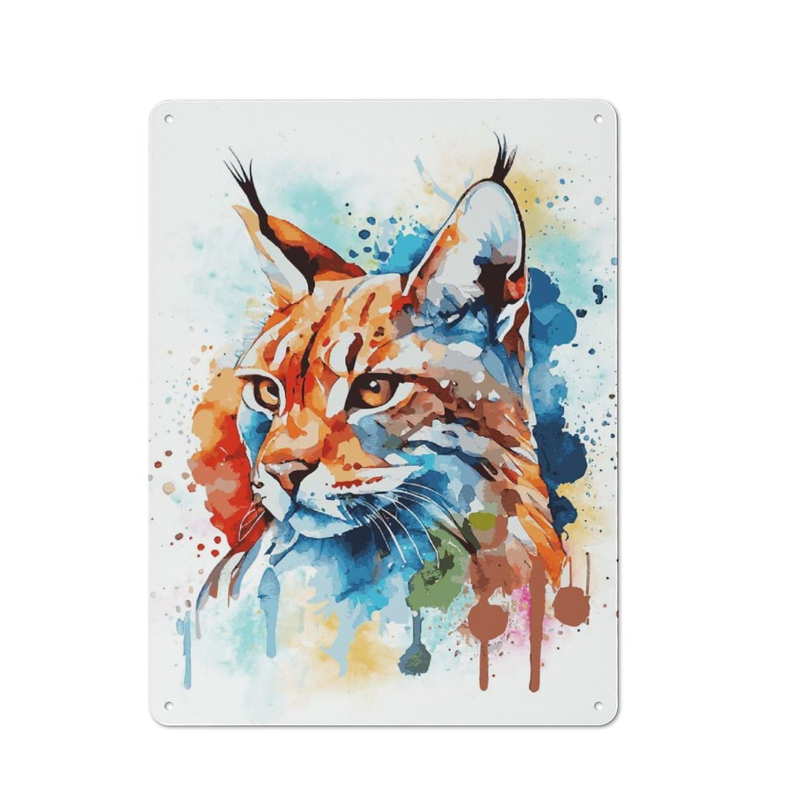 Metal Plaque with Colorful Bobcat Painting Design 40x30cm, Cosy Diner Style Decor for Coffee Bar, Kitchen, Bistro Or Tea Corner