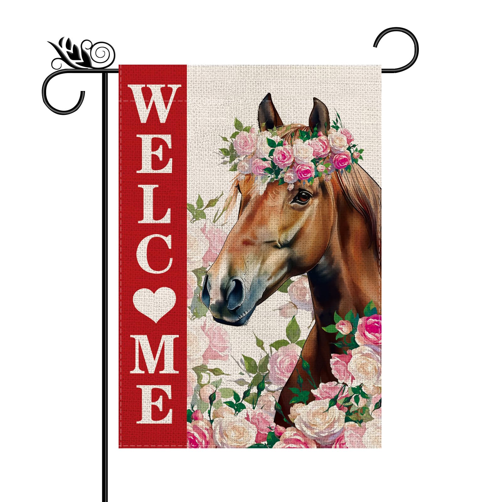 Garden Flag Welcome Valentine Horse Flags for Outside Anniversary Wedding Vertical Burlap Double Sided Yard Lawn Outdoor Decor 12.5x18 Inch