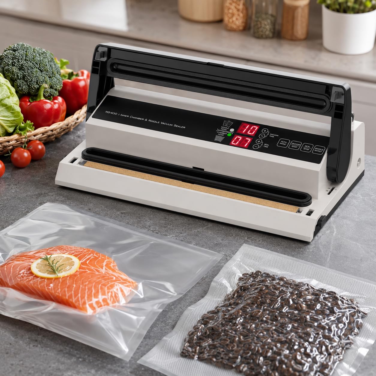 Sellador al vacío de cámara comercial de 250 W, doble bomba, barra de sellado de 40 cm | Modos automático y manual, control de vacío de 1 a 60 segundos, ancho de sellado de 8 mm e inflado de aire