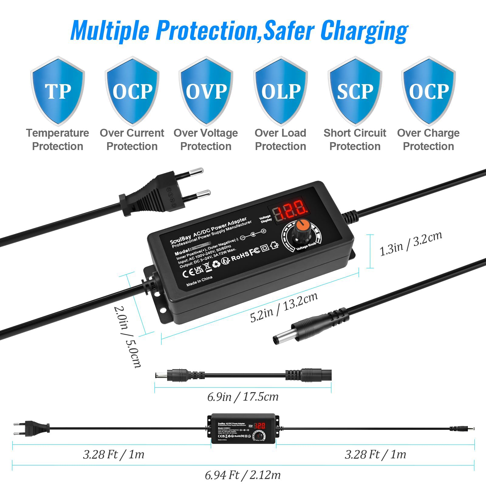 SoulBay 24V Chargeur Universelle, 72W AC/DC Adaptateur Alimentation Transformateur avec 14 Embouts DC et Câble de Polarité Inversée pour Caméra électronique Domestique – 3000 mA Max.