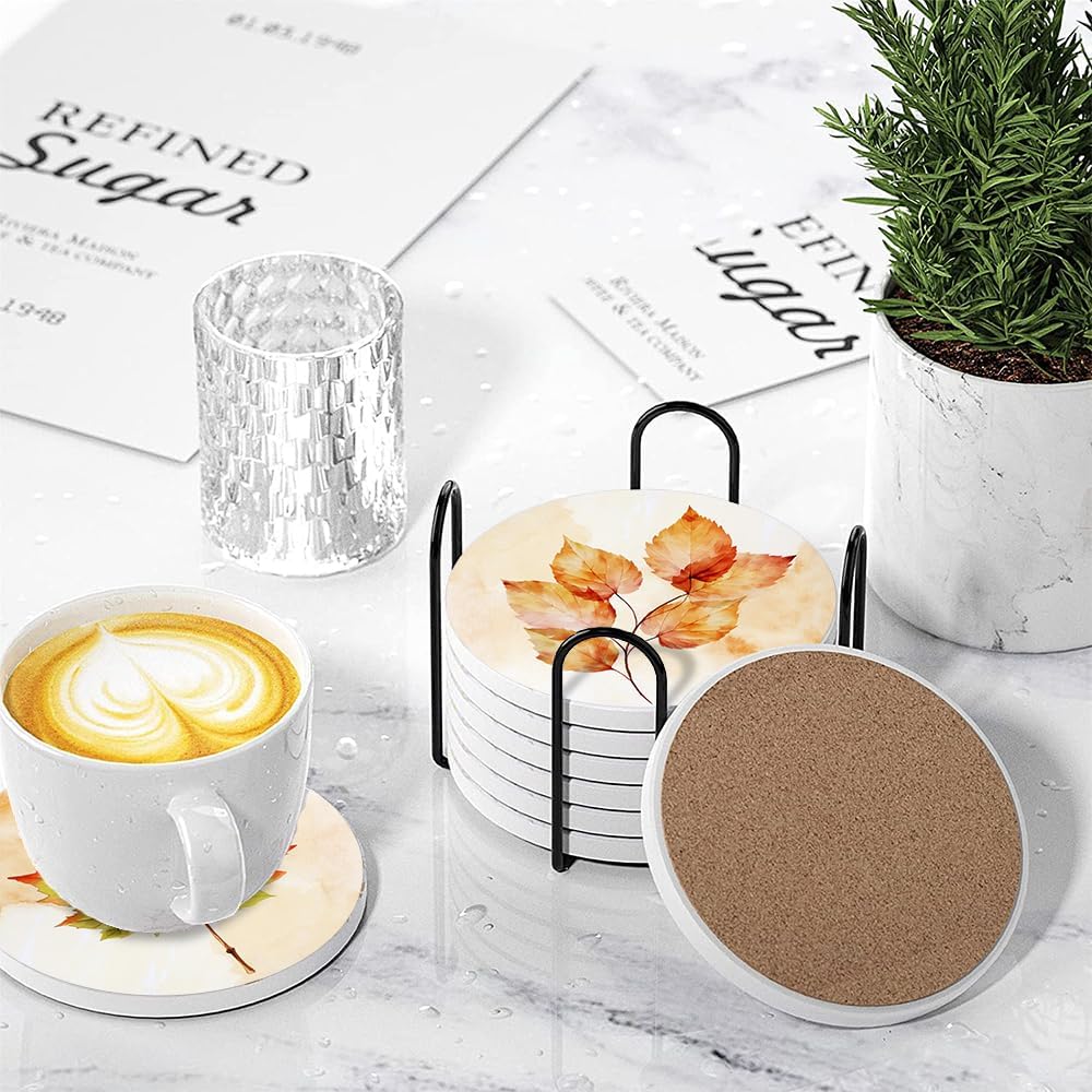 Fall Drink Absorbent Coasters with Holder Set of 6, Ceramic Stone with Cork Base, Watercolor Orange Falling Maple Leaves Coaster for Drinks, Gift for Housewarming Room Bar Home Decor Kitchen