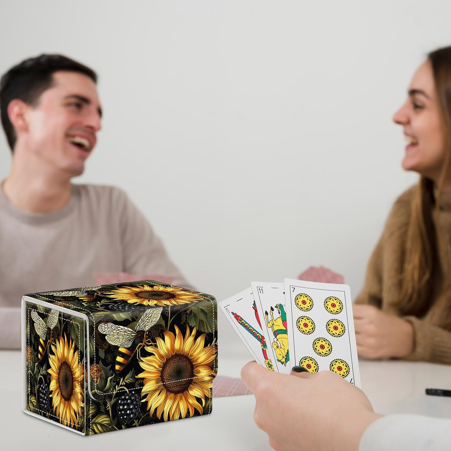 for MTG Commander Deck Box,Card Deck Box for Trading Yugioh MTG,Fits 100 Double Sleeved Cards,PU Leather Strong Magnet Case for Magic Commander TCG CCG,Sunflower Bee