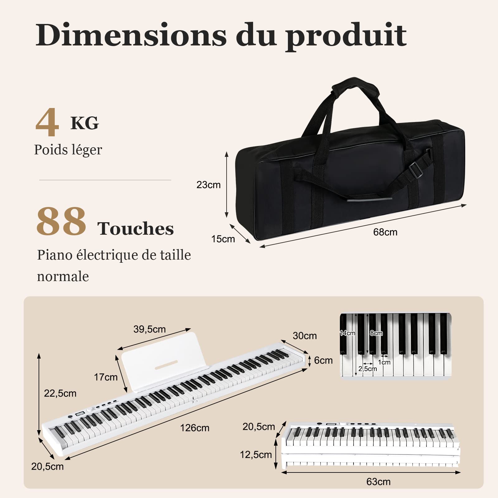 COSTWAY Piano Numérique Pliable à 88 Touches avec Pupitre,Clavier Electrique Portable avec Touche Lumineuse,2 Modes d'Apprentissage, MP3/USB/MIDI, Débutant Enfants de 3 Ans+ (126x20,5x6cm Blanc)