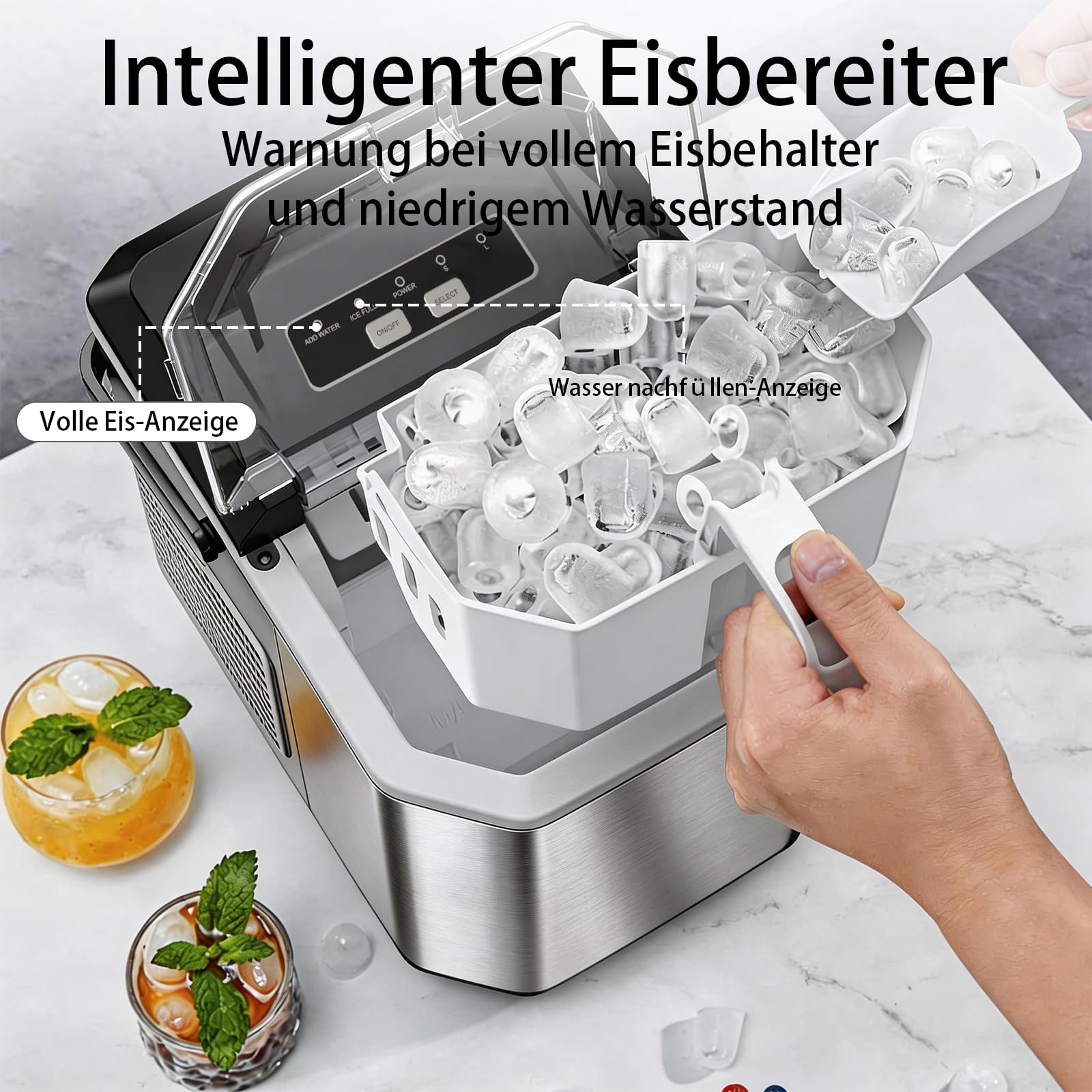 Eiswürfelmaschine 24 Stunden, 9 Eiswürfeln in nur 6 Min., 2 Größen von Bullet Ice, Selbstreinigender Eiswürfelbereiter Kleine 14kg, Mit Tragegriff, Eisschaufel u. Korb, Ice Maker für Party Büro RV