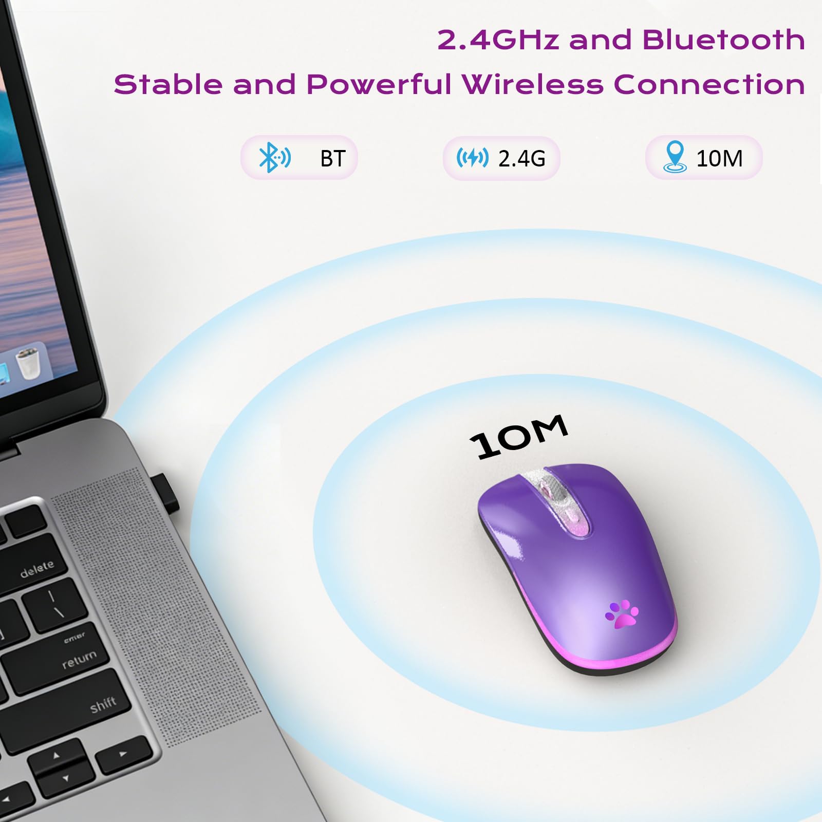 Wireless Mouse, 2.4G & Bluetooth Mouse for Laptop Slim Silent Mice with USB Receiver, 7 Color Backlit LED, 1000/1200/1400/1600 DPI Optical Computer Mice, Compatible with PC, Mac, Laptop, Purple - 4