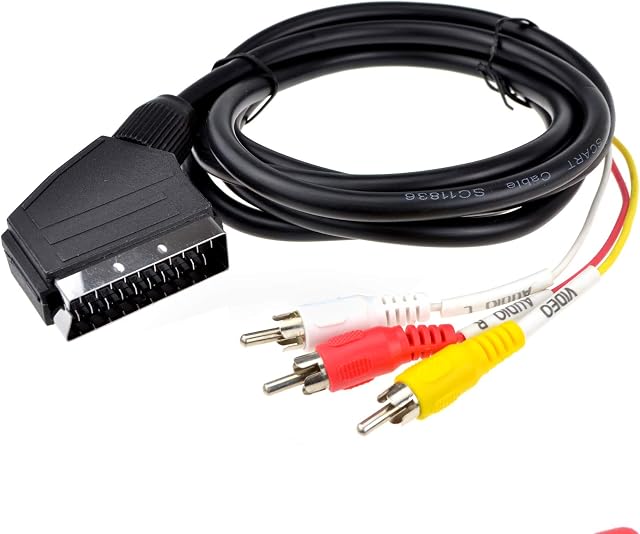 kenable Scart Plug In/Out to Red White Yellow RCA 3 x Phono Plugs AV Cable 2m [2 metres]