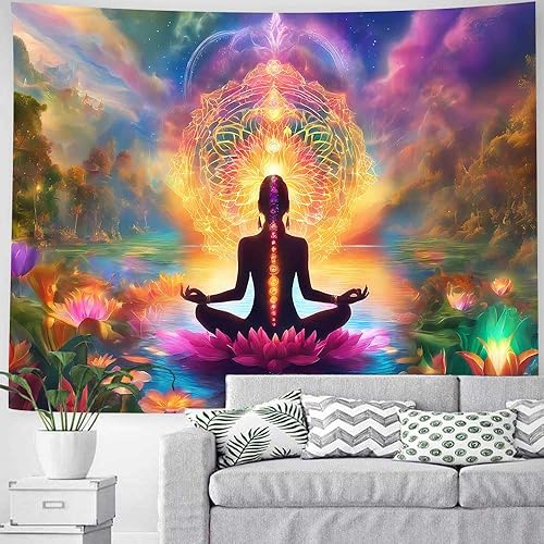 Miniatura 5 de NTERC Tapiz de meditación de yoga, hippy dios, buda, chakra, tapiz de loto morado, paisaje espiritual psicodélico, decoración de pared, tamaño