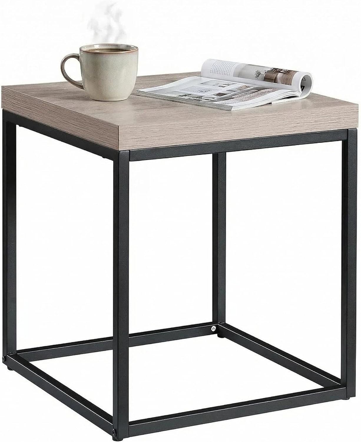 CENSI Modern Square End Table, 18" French Oak Side Table for Living Room, Extra Thick 1.6" Wood Top & Metal Frame, Sturdy Industrial Nightstand Accent Furniture(Grey Wash)