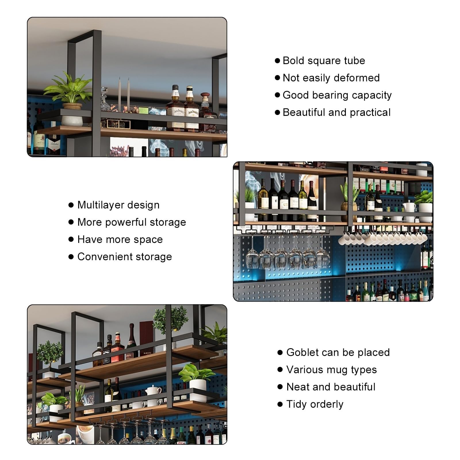 Estantes De Techo Botellero Colgante 2 Niveles Estante Almacenamiento Cocina Soporte Copas Vino Madera Maciza Montado Pared LOFT Bar