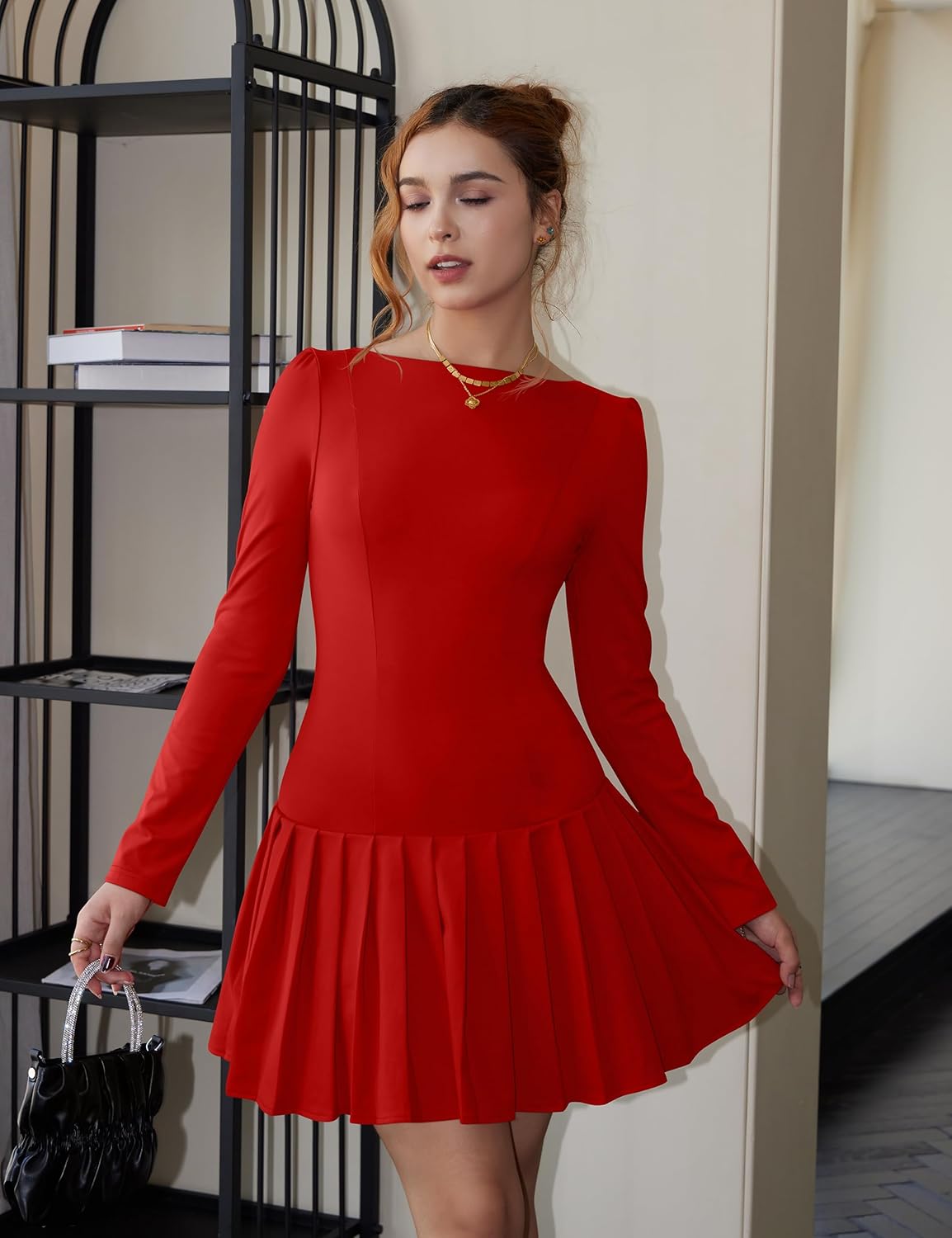 Women's Long Sleeve Mini Dress Sexy Boat Neck Pleated A-line Party Dresses - Image 2