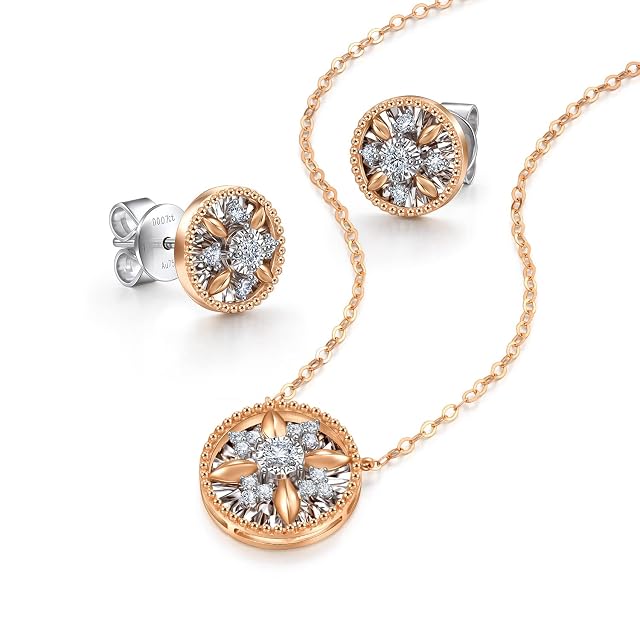 Chow Sang Sang CHOW SANG SANG 18K White & Rose Solid Gold Coin Daimond Necklace and Earrings Jewelry Set with Limited Edition Jewelry Box 93431N 93431E