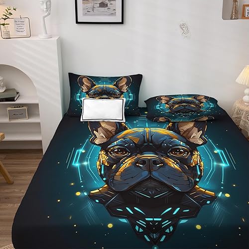 Miniatura 2 de Juego de sábanas de Bulldog tamaño Queen, sábanas para perro, sábanas y fundas de almohada estampadas de 4 piezas, sábana bajera ajustable de