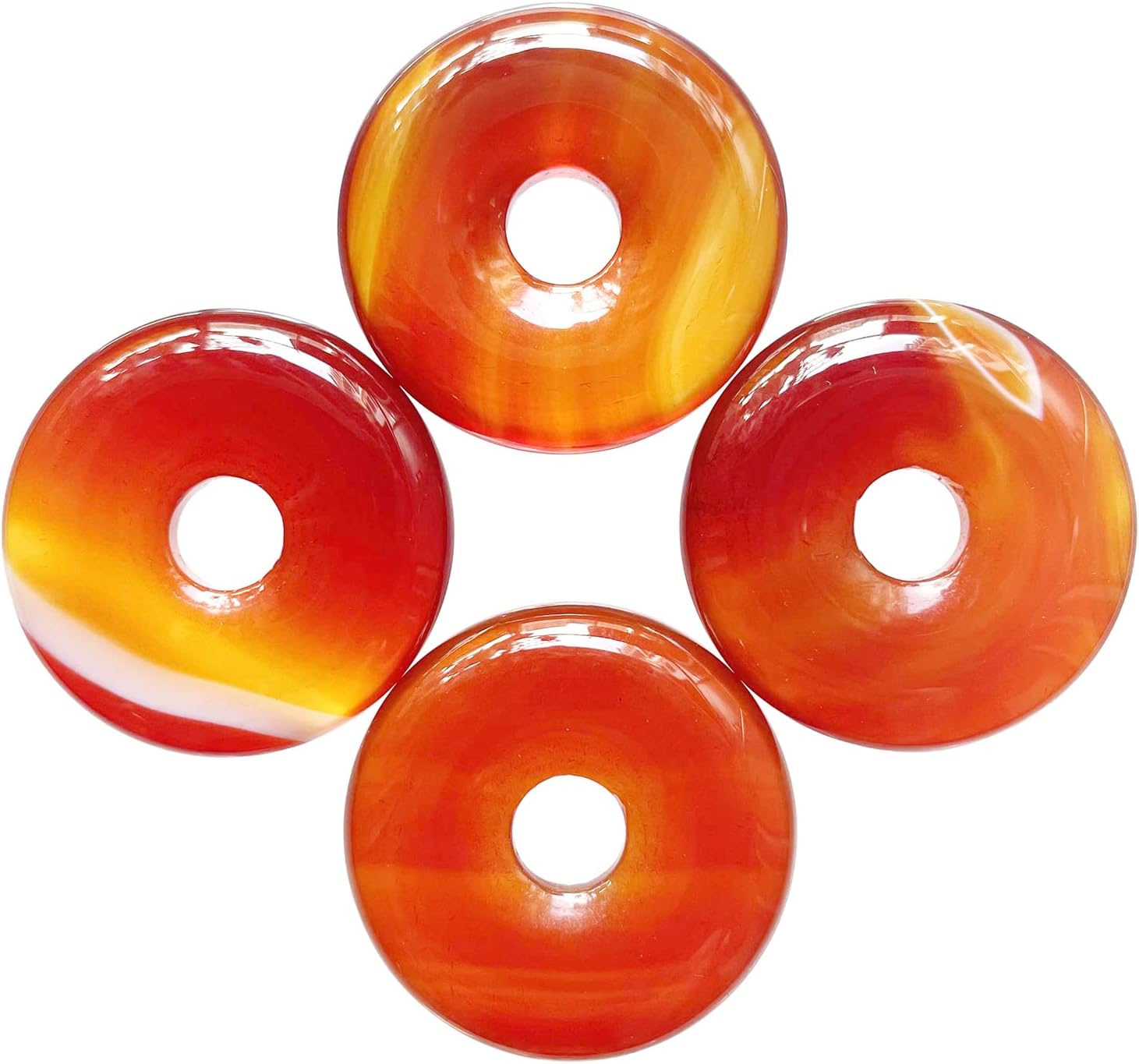 Large Hole 7mm Round Gemstone Disc Lucky Coin Pendant Bead for Jewelry Making, Polished Crystal Amulet Circle Donut Loose Stone Supplies 1.18”(30mm),4Pcs, Red Agate