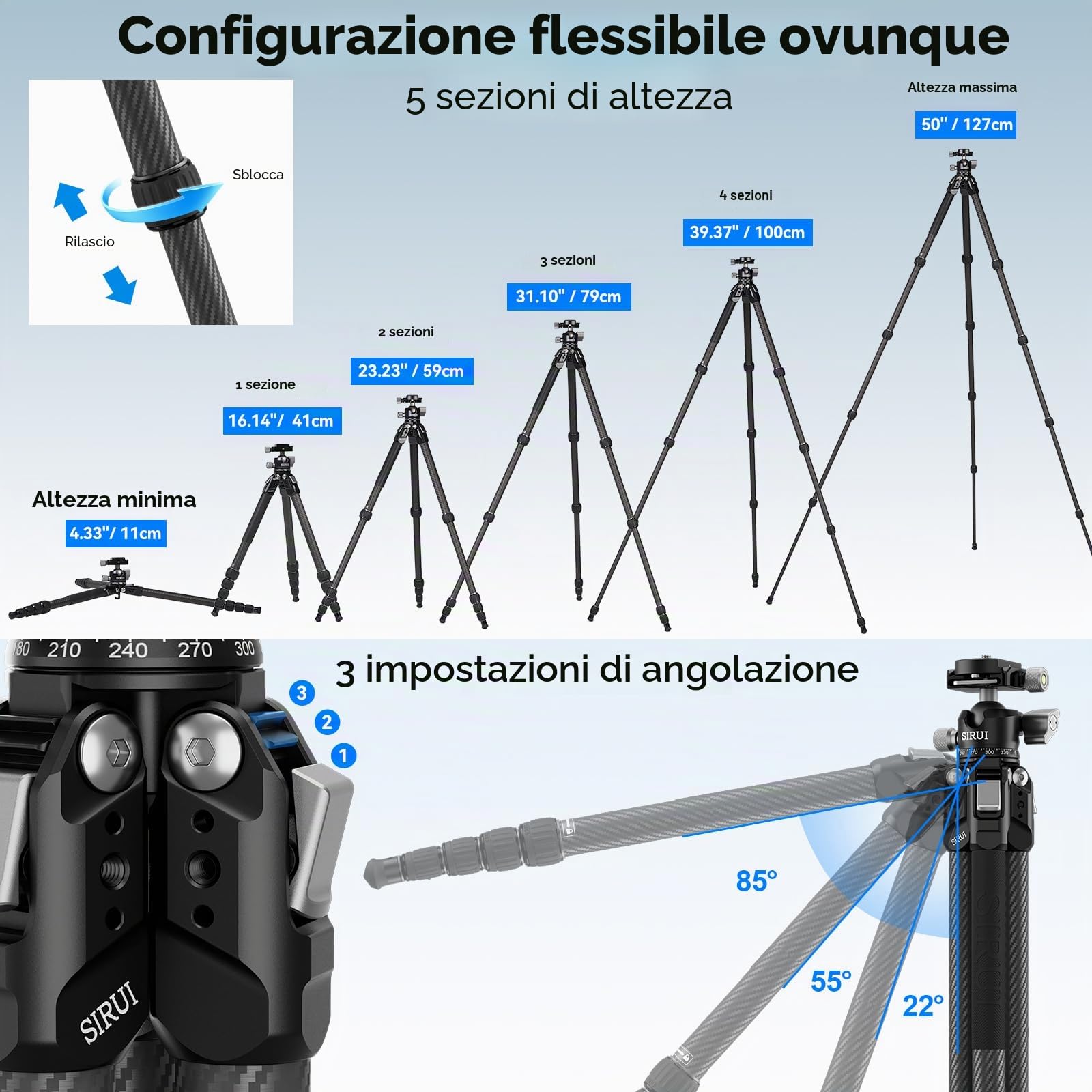 SIRUI Treppiede da Viaggio in Fibra di Carbonio, 127cm Treppiede Compatto e Leggero con 360° Testa a Sfera a Basso Profilo con Piastra a Sgancio Rapido per Arca, Carico Fino a 6kg, AM-225S+G0