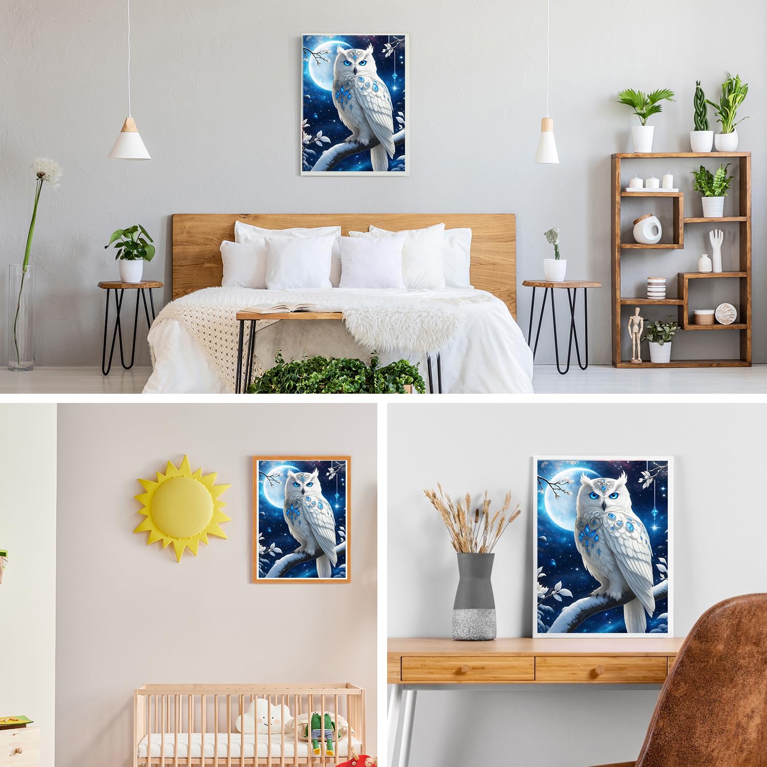 GDYEEH Doe-het-zelf Witte Uil 5D Diamond Art Kits, Ronde Full Drill Sparkling Moon Night Diamond Painting Picture, Dreamland Painting op nummer kunstkits voor volwassenen, beginners, woonwanddecoratie