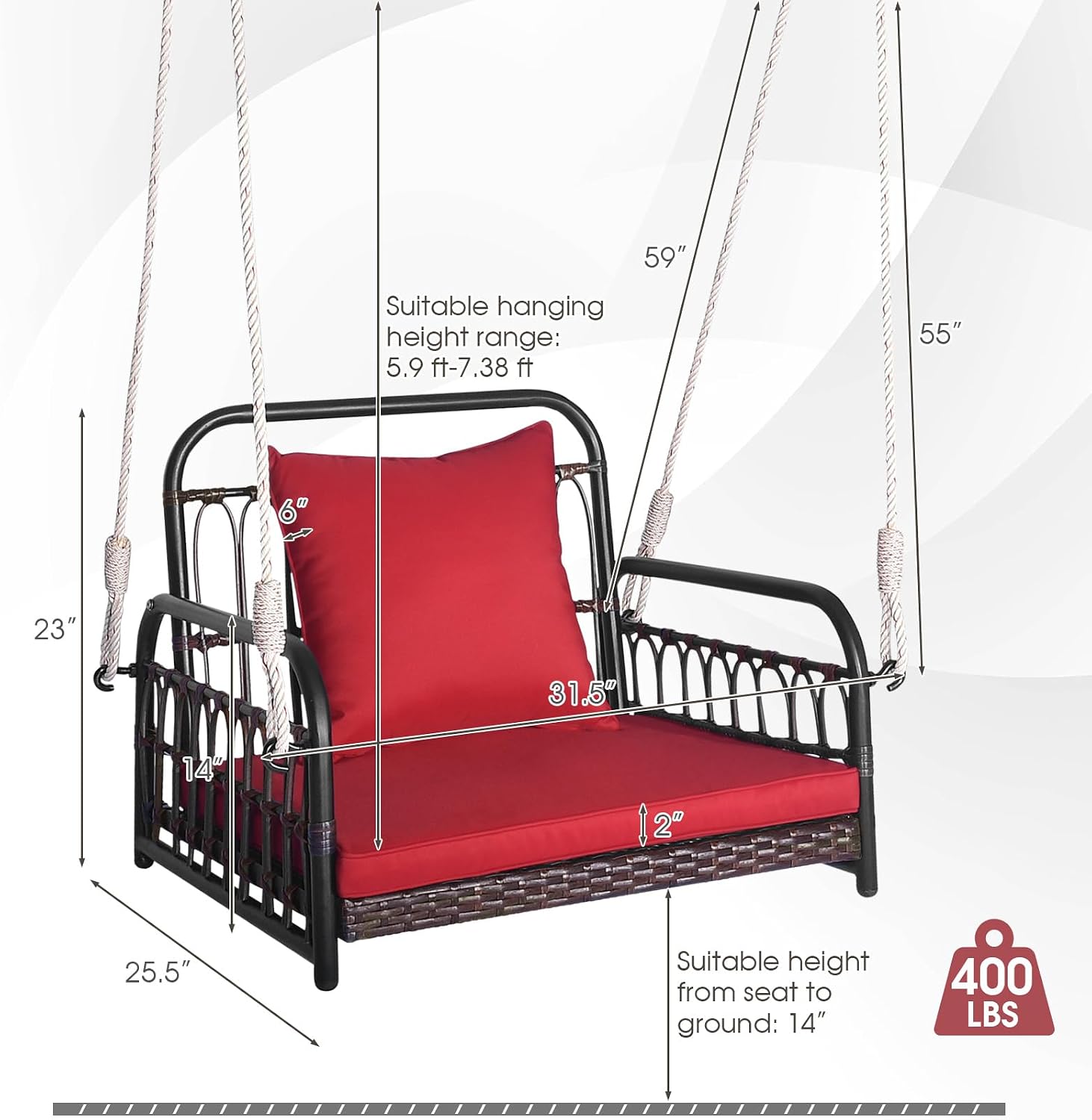 DORTALA Hanging Porch Swing, 1 Person Patio Wicker Swing Chair with Metal Frame, Cushion, Ropes & Hooks, Outdoor PE Rattan Swing Seat for Lawn Garden Backyard Balcony, Red