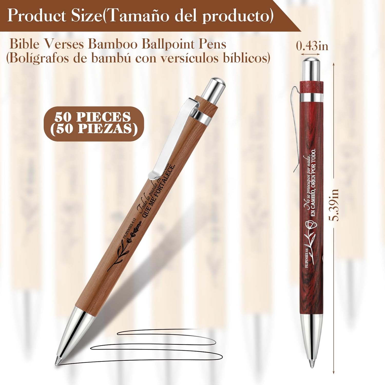 Fumete 50 Pcs Mothers Day Gifts Christian Bible Verse Bamboo Pen Wooden Inspirational Quotes Ballpoint Pen Bulk Religious Church Gifts for Women Graduation Pastor Teacher(Brown,Spanish Aesthetic Boho)